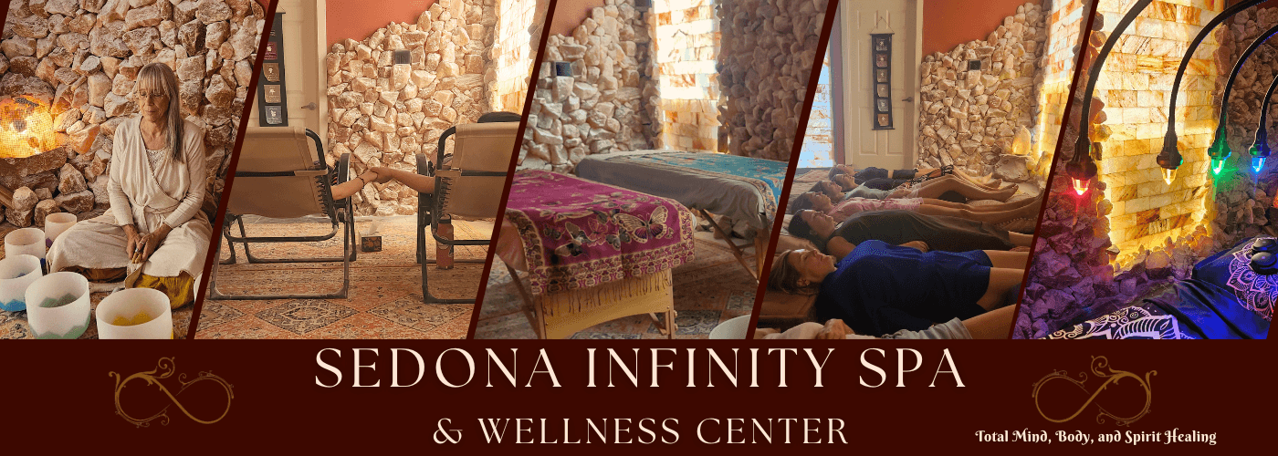 Himalayan salt room with chairs, beds, and glowing salt walls
