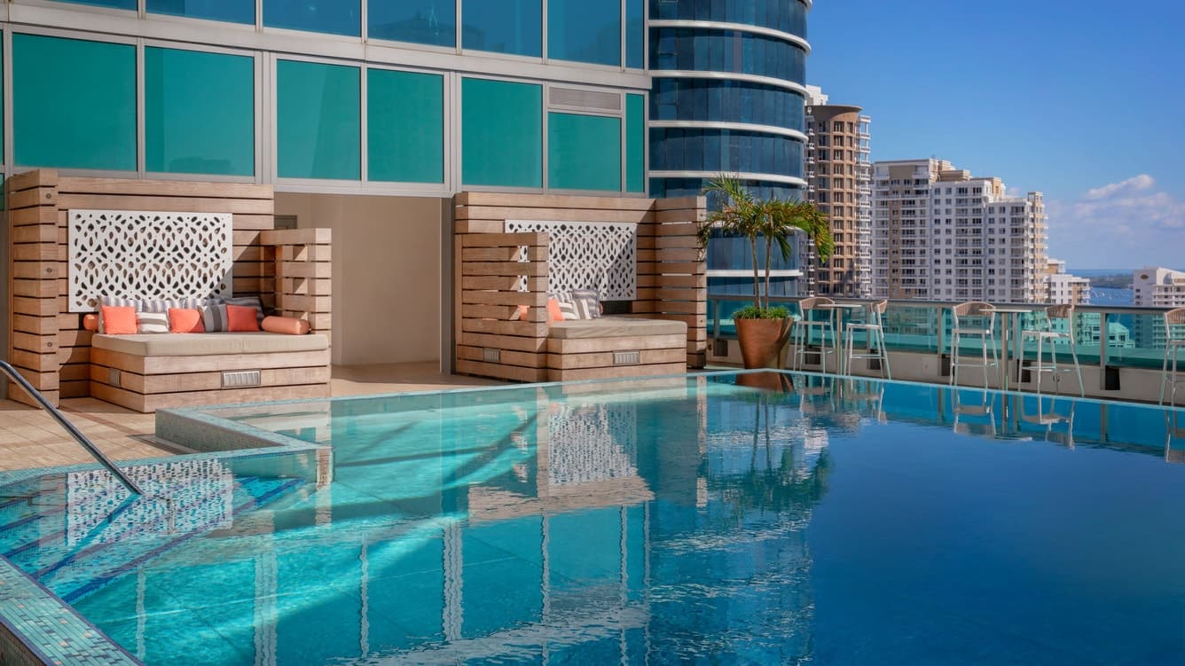 Rooftop pool with turquoise water, wooden lounges, and modern high-rise buildings beyond